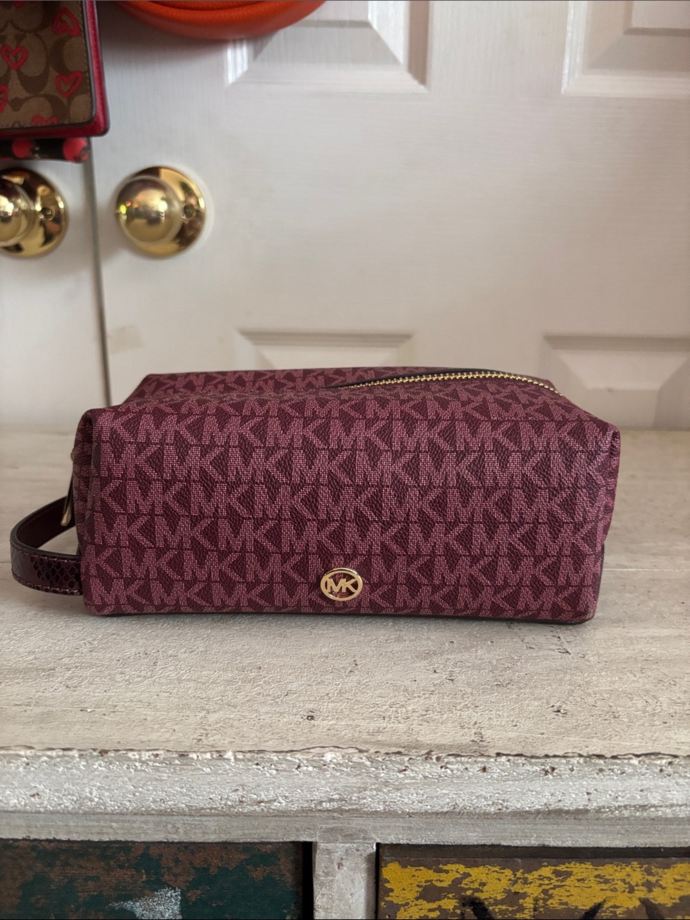 Michael Kors Burgundy MK Monogram Cosmetic Pouch with Gold Hardware